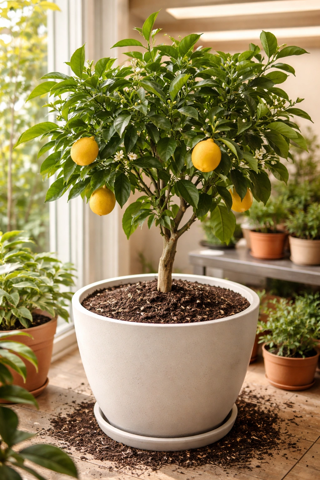 Citrus tree repotted in fresh soil indoors near grow lights