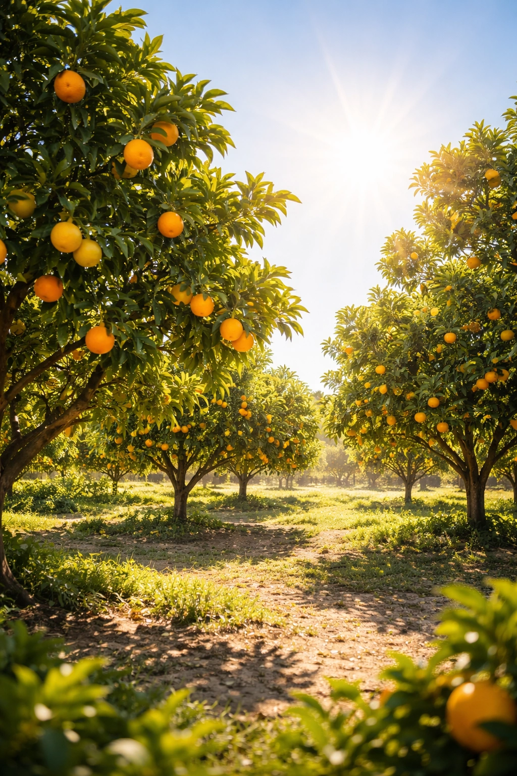 Sunlit citrus grove with trees bathed in direct sunlight