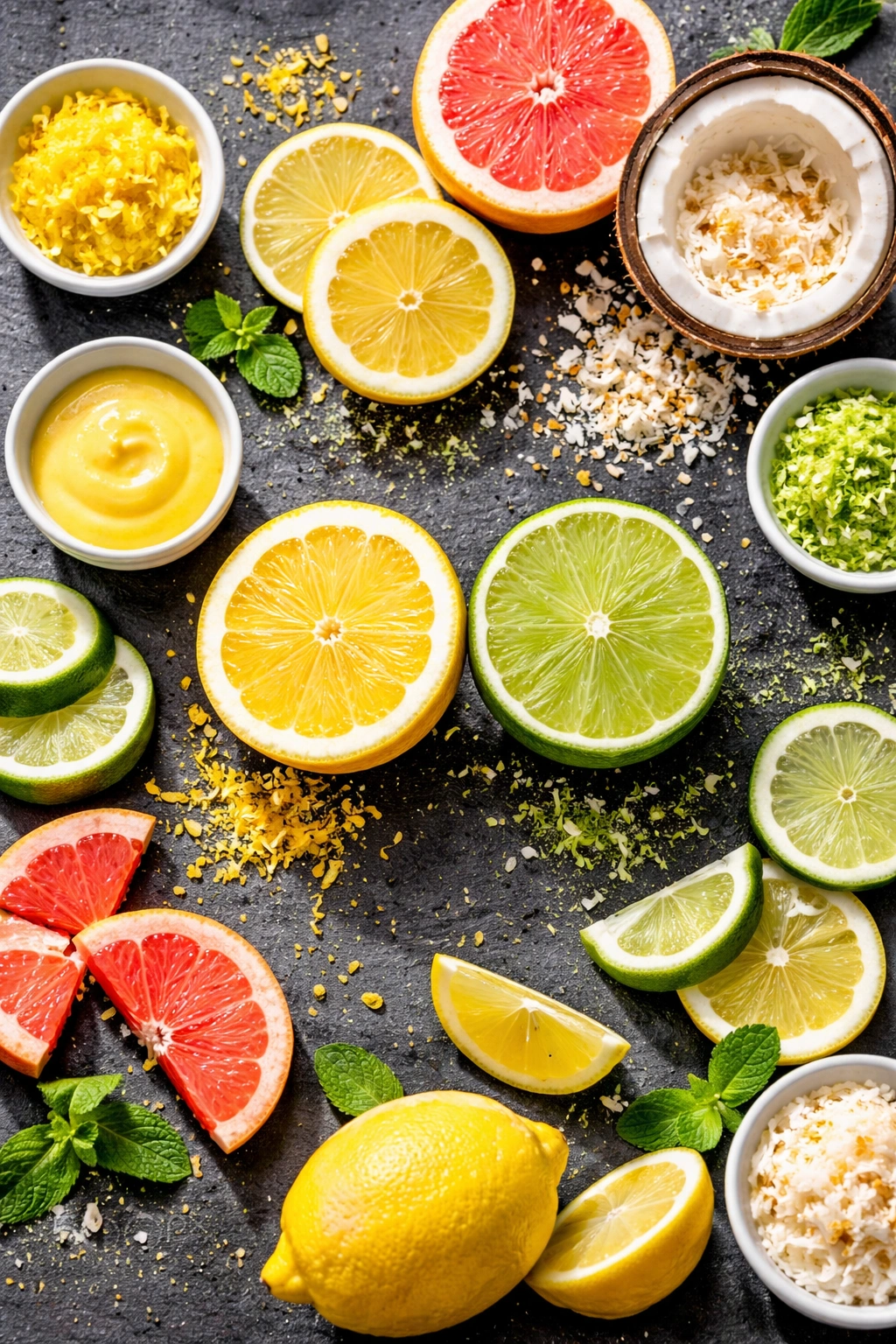 Lemon and lime halves with zest on a dark slate surface illustrating citrus variations.