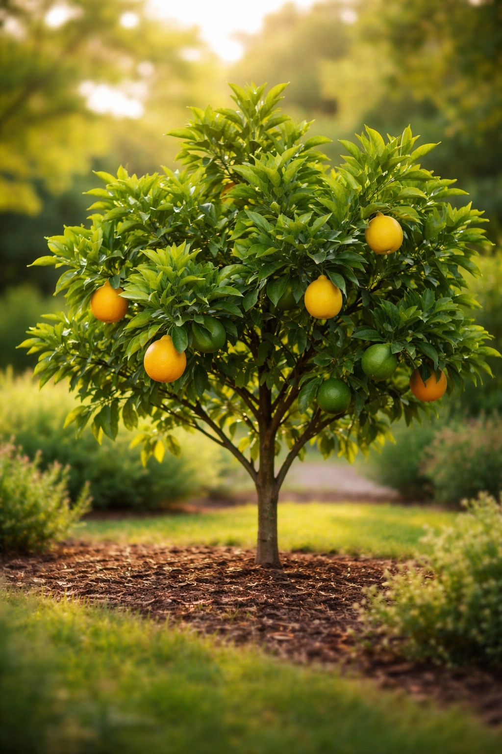 Single citrus tree thriving in a warm climate