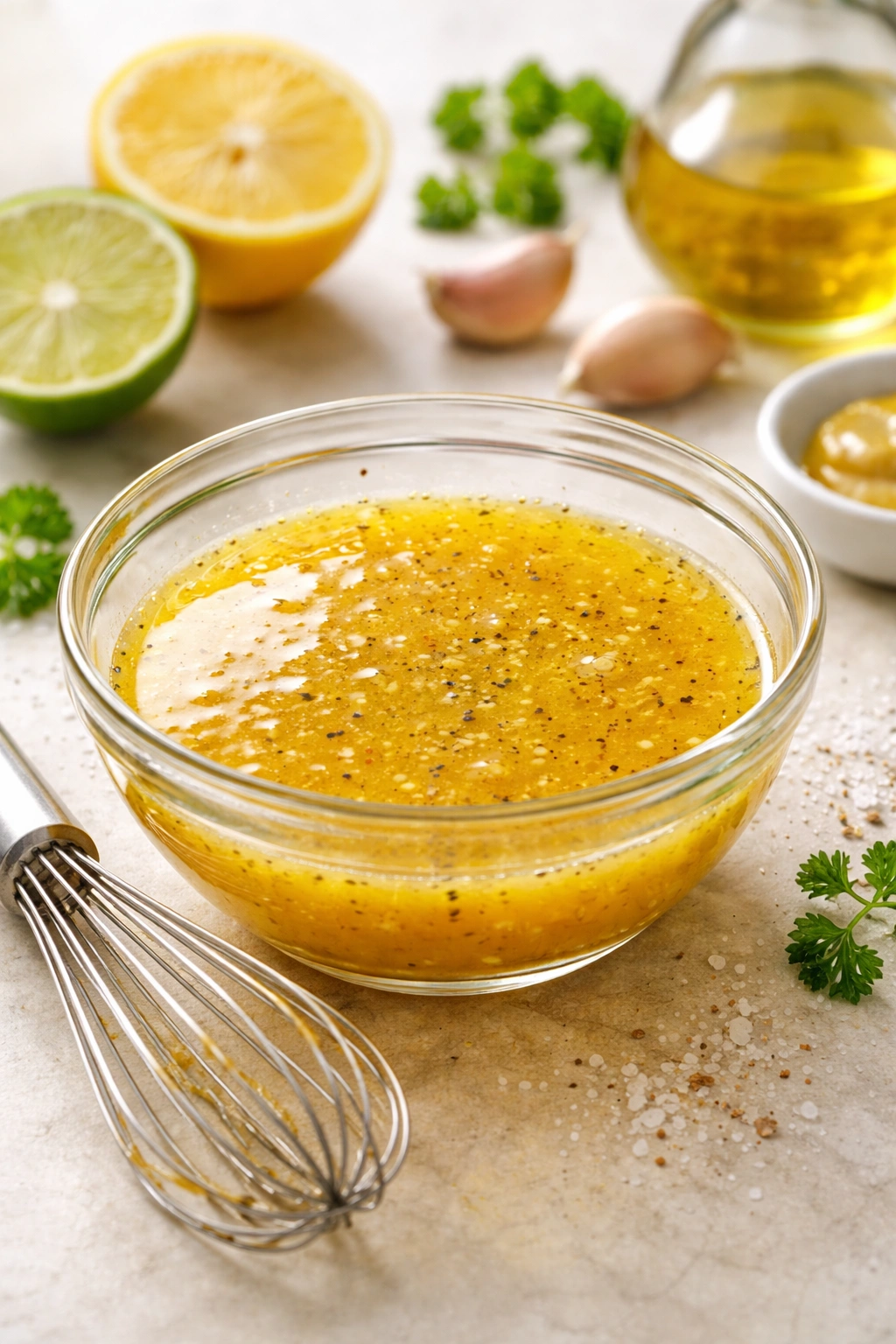 Glass bowl of emulsified citrus vinaigrette with whisk on a counter.