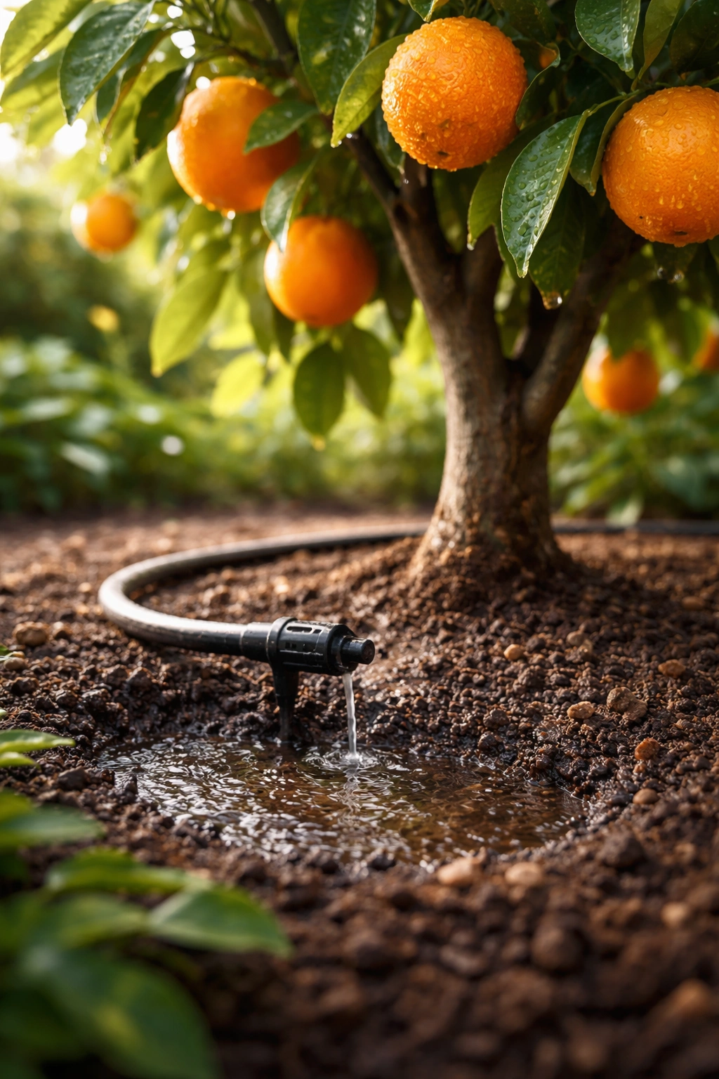 Citrus tree being deeply watered through drip irrigation
