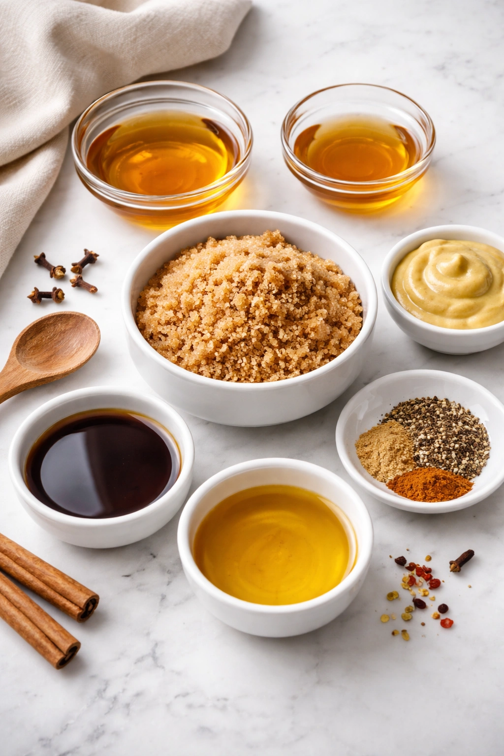 Bowls of brown sugar honey Dijon vinegar and pepper for glaze