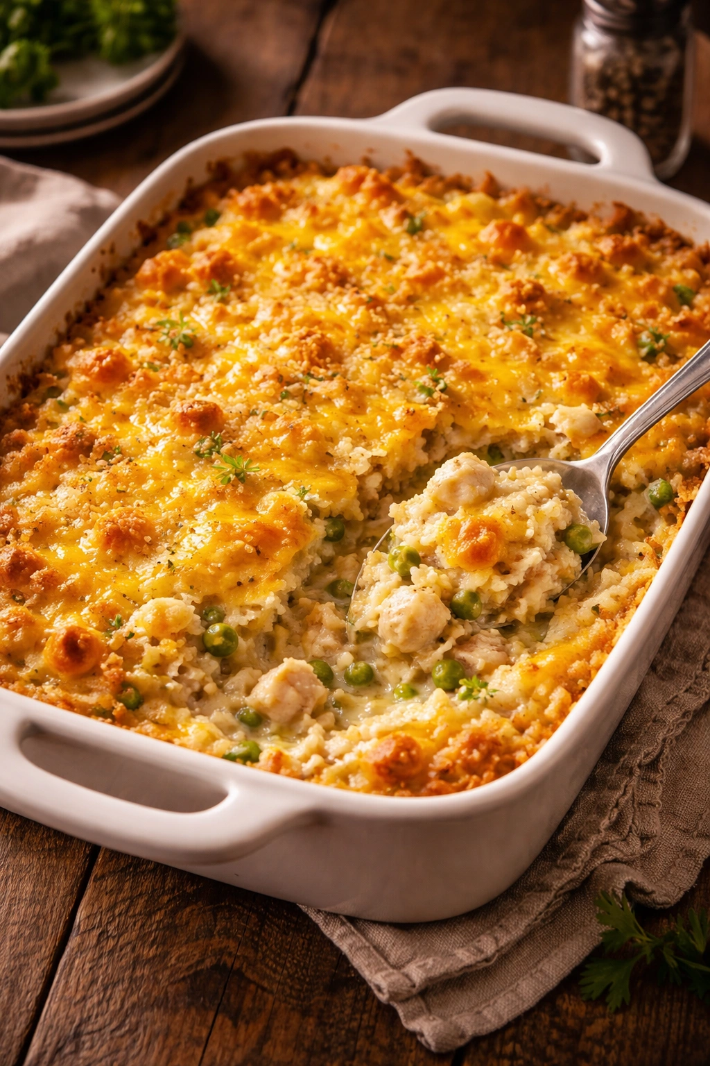 Creamy chicken casserole with cheddar topping in a ceramic dish