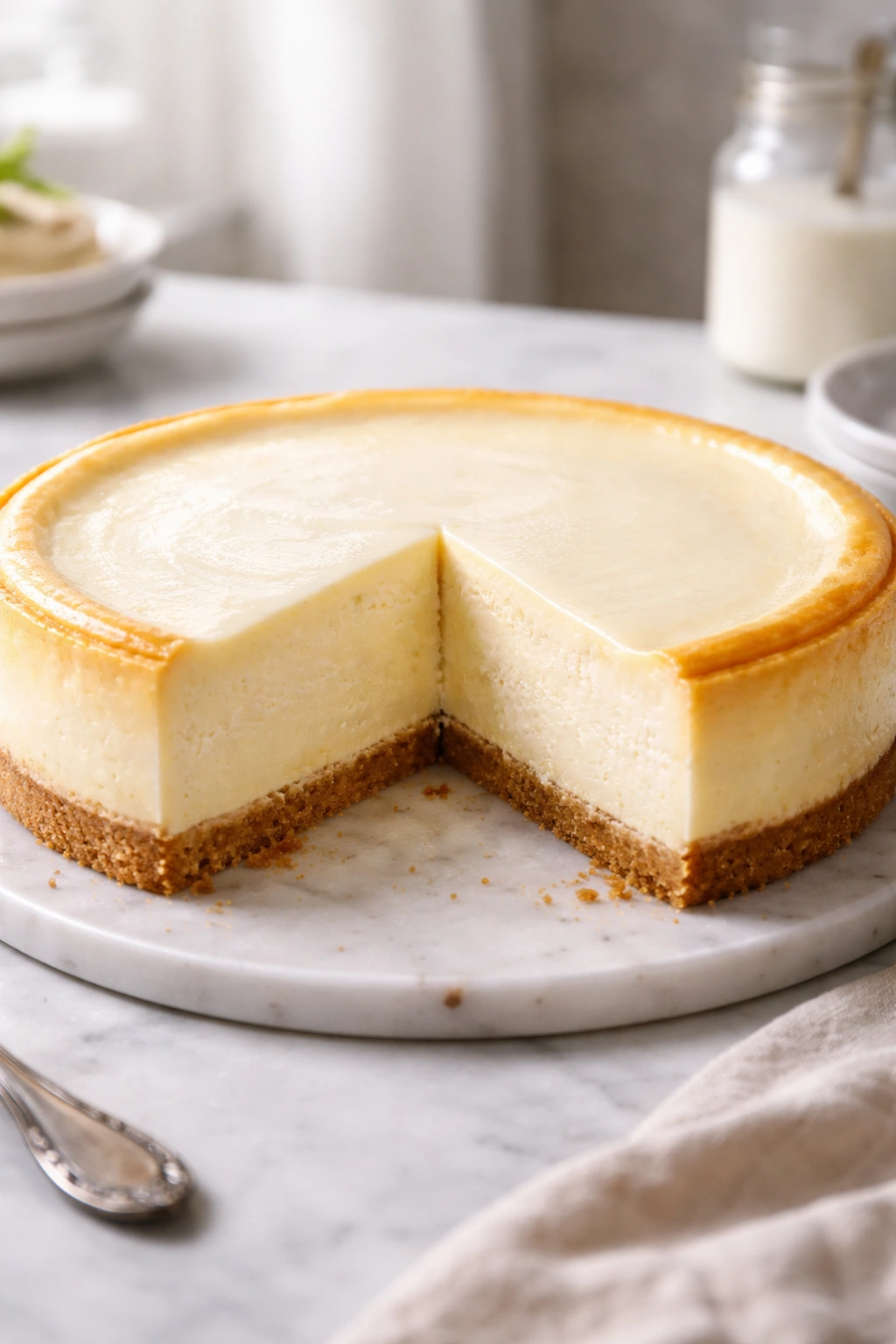 Close-up of Classic New York Cheesecake on a plate with a graham crust