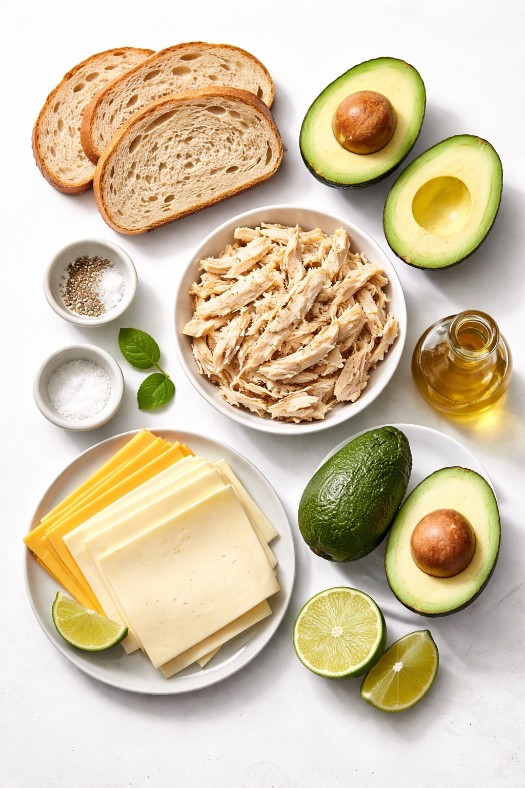 Top-down view of classic chicken avocado melt ingredients on a clean surface