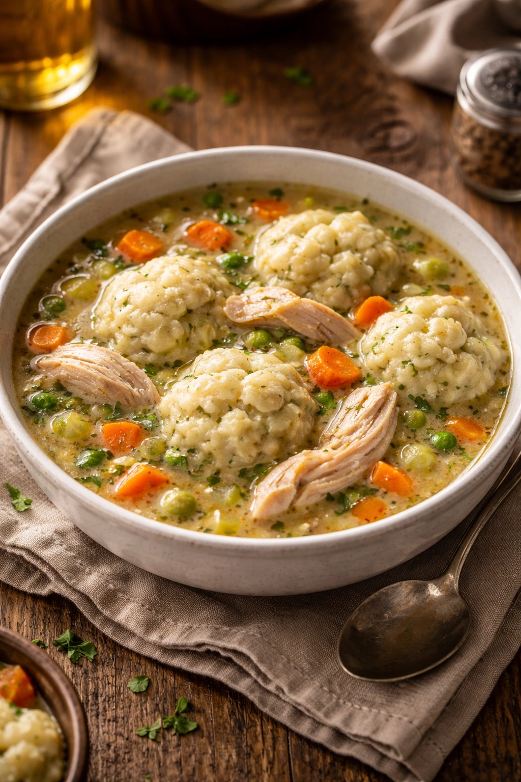 Close-up of Classic Chicken and Dumplings in a rustic bowl with dumplings and chicken in broth