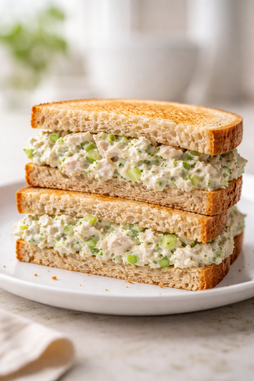 Cross-section of a classic creamy chicken salad sandwich showing creamy filling on bread