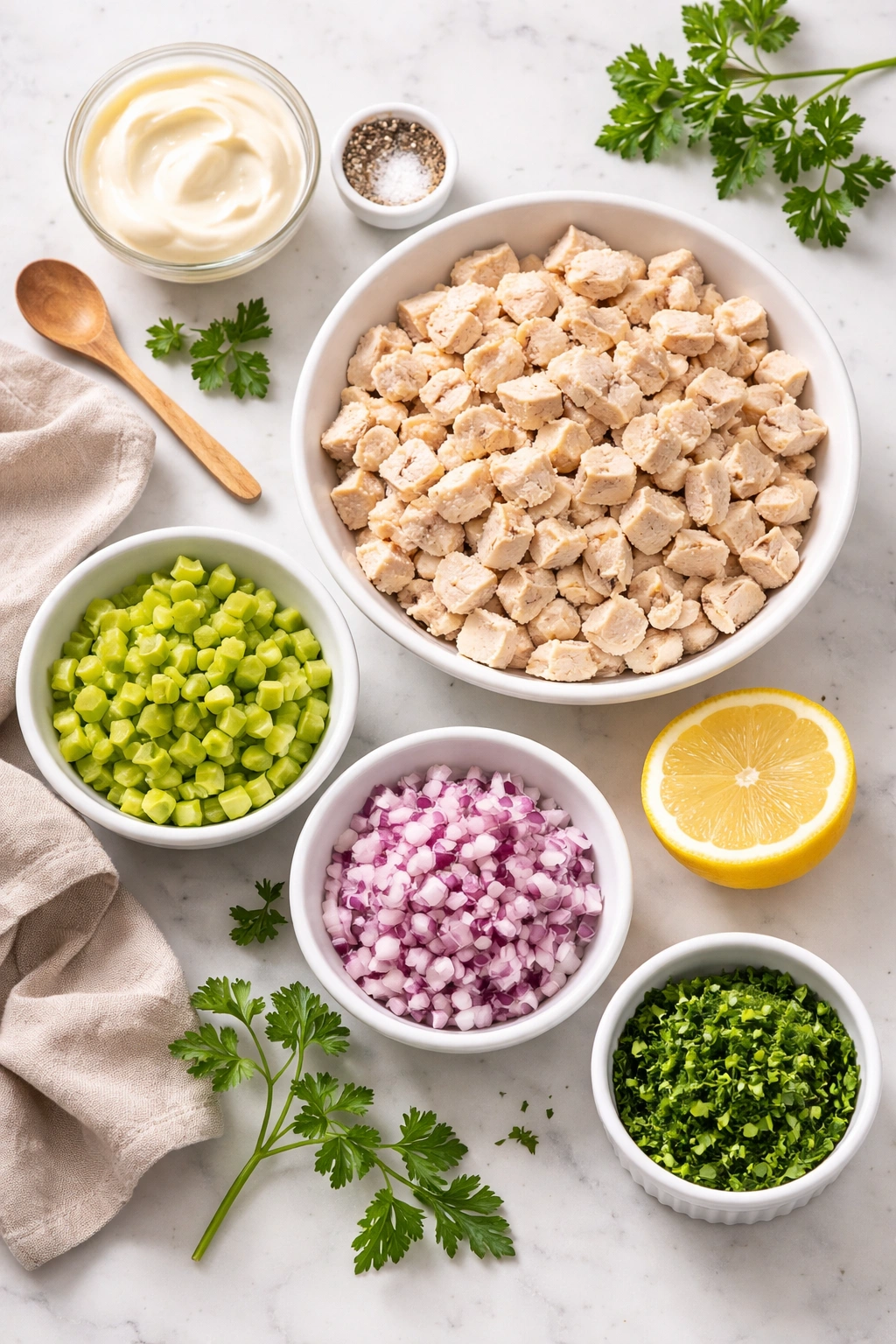 Core chicken salad ingredients arranged on a light surface