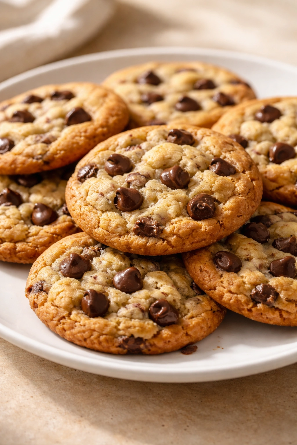 Close-up of Classic Chocolate Chip Cookies with melted chips on a white plate