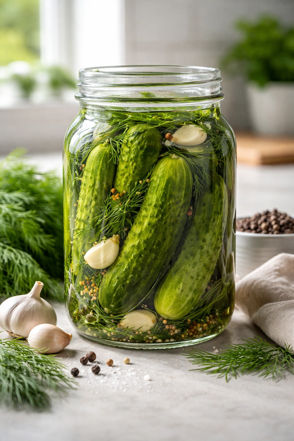 Close-up of a jar of classic dill pickles with dill and garlic nearby