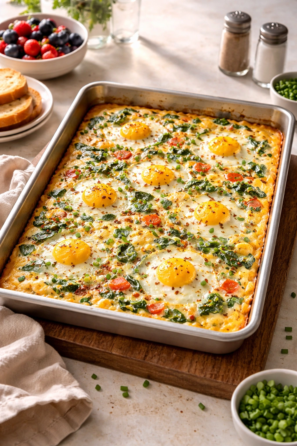 Sheet pan eggs with melted cheese in a buttered dish
