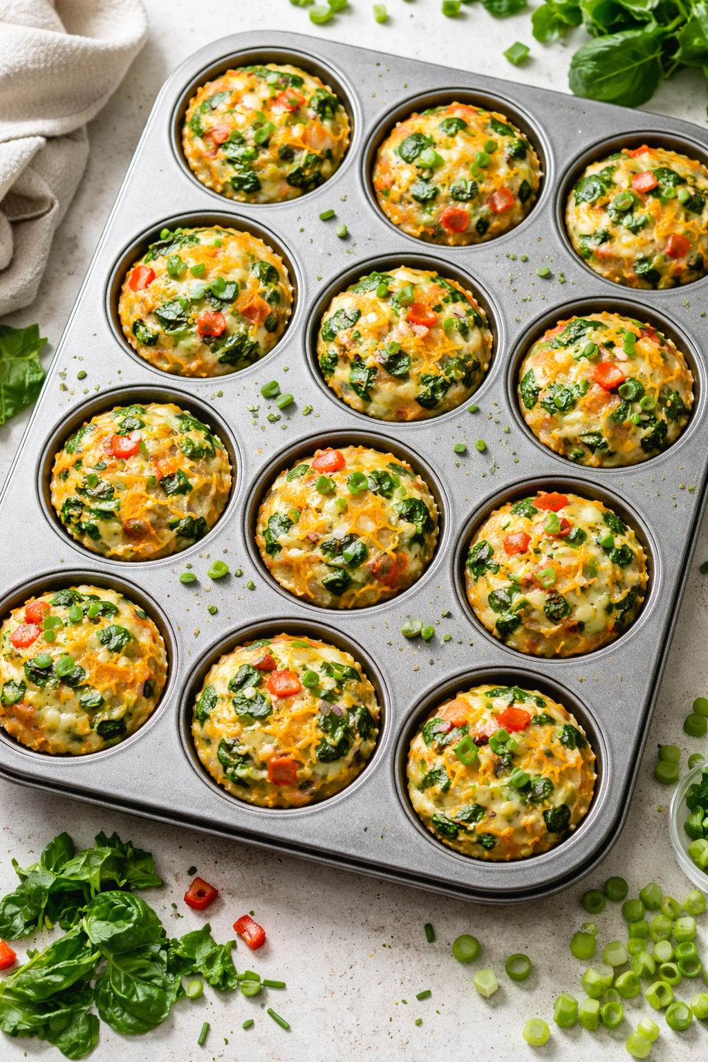 Muffin cups filled with veggies and cheddar in a muffin tin