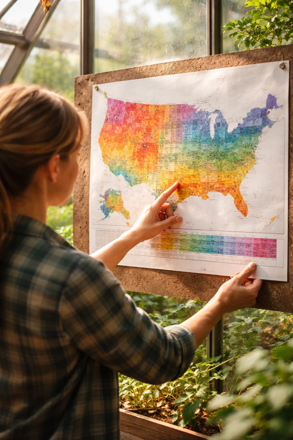 Person examining a color-coded climate zone map to choose fruit varieties