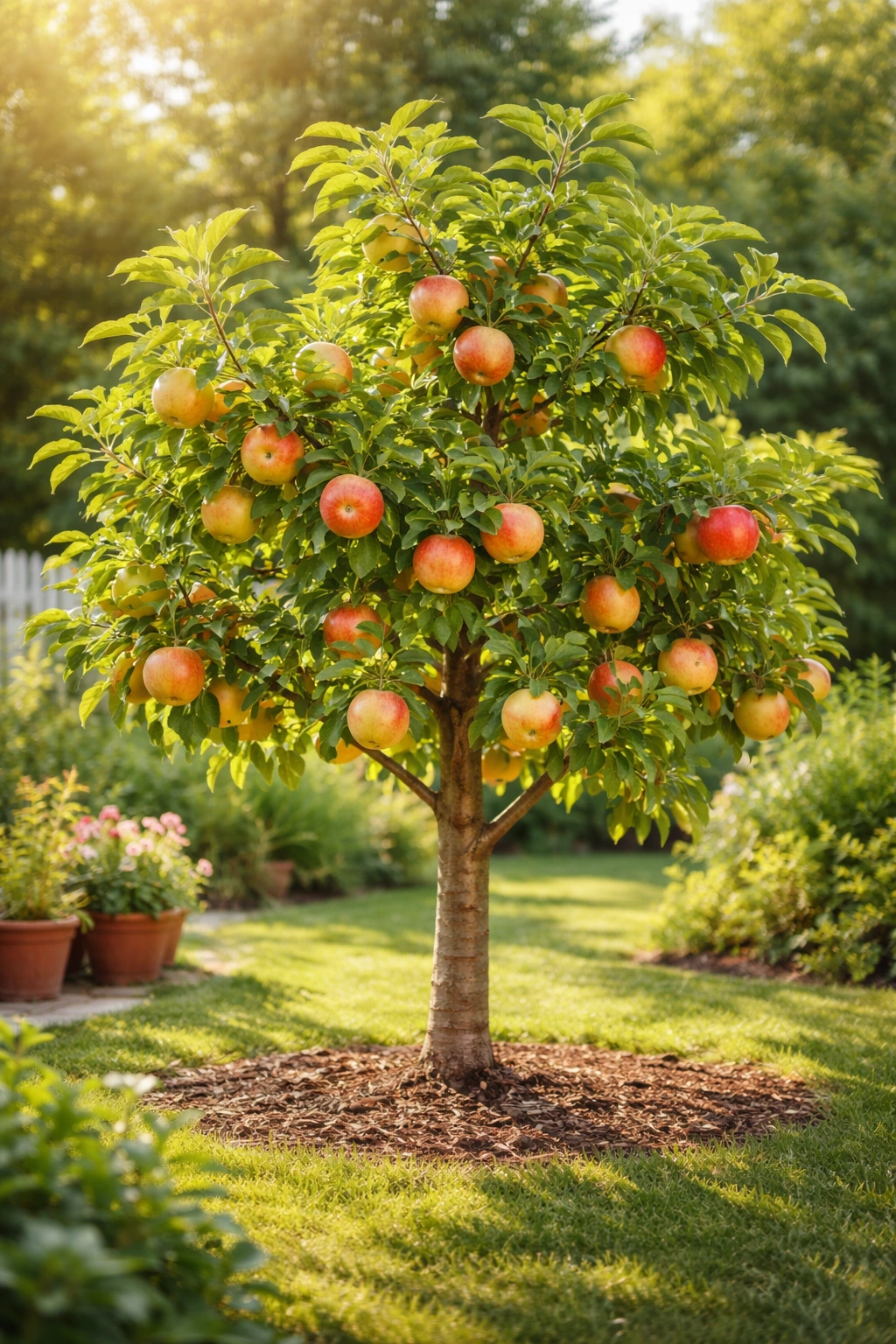 Fruit tree with ripe apples in a sunny garden illustrating climate-appropriate varieties