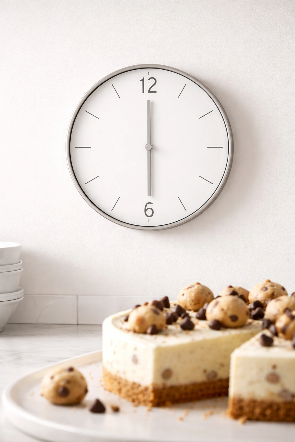 Clock face with no numbers showing a half-hour moment in a clean kitchen