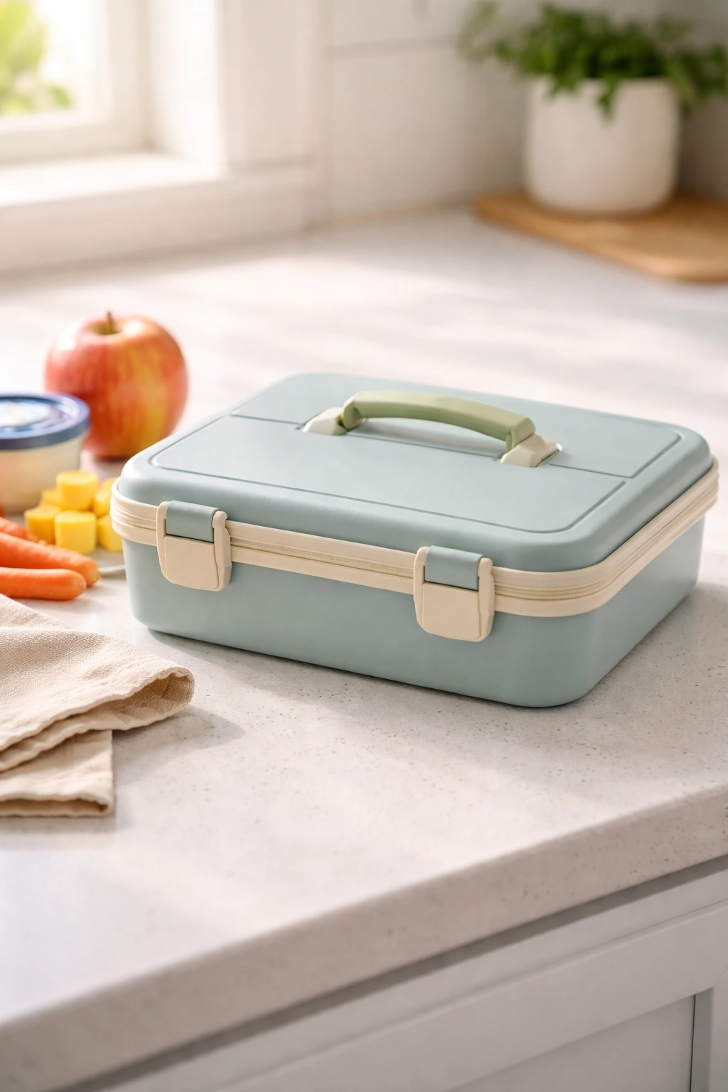 Closed lunchbox on a clean counter ready for packing