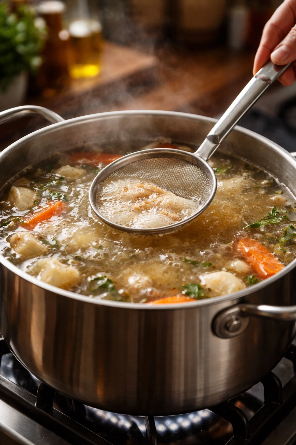 Pot on stove with foam skimmed from cloudy broth during troubleshooting