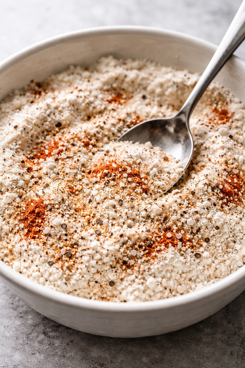 Seasoned flour coating with visible spices in bowl