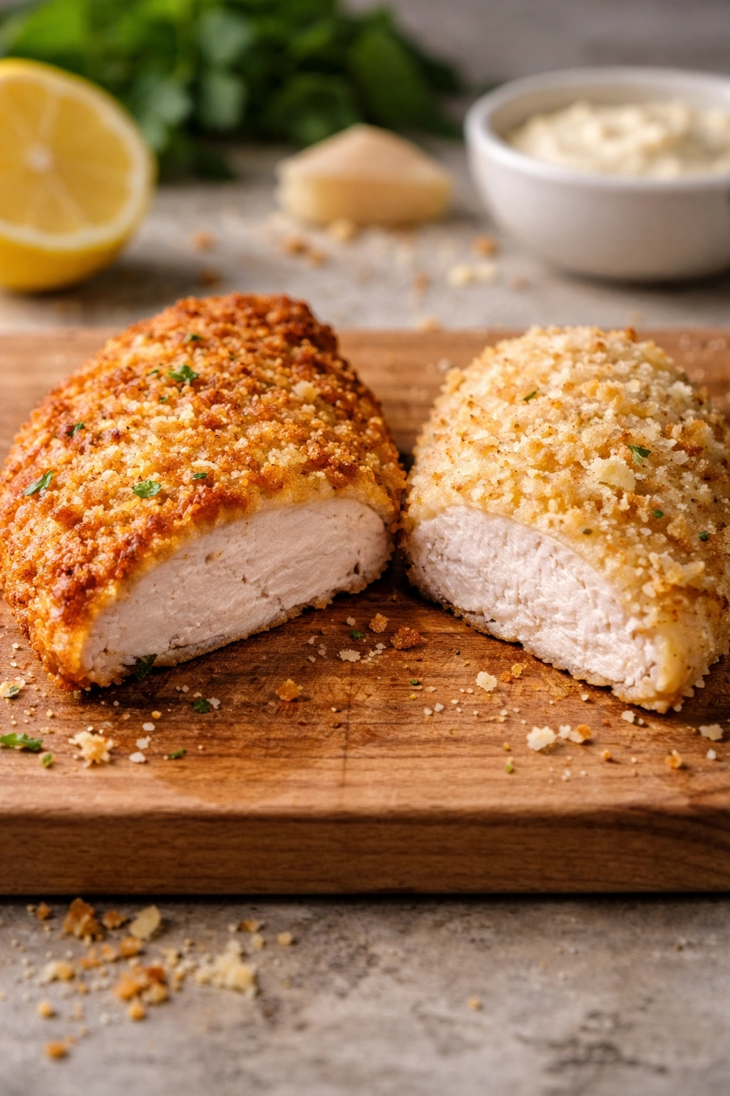 Chicken cutlet with contrasting textures showing coating issues