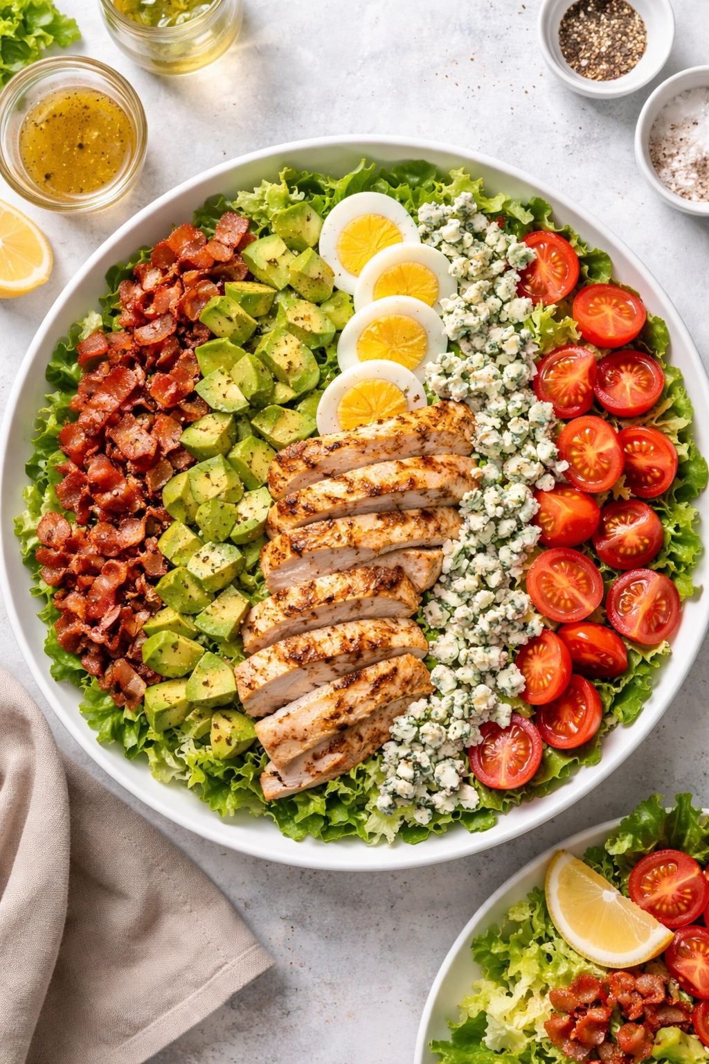 Rows of bacon, avocado, eggs, chicken, blue cheese, and tomatoes on crisp lettuce in a Cobb salad