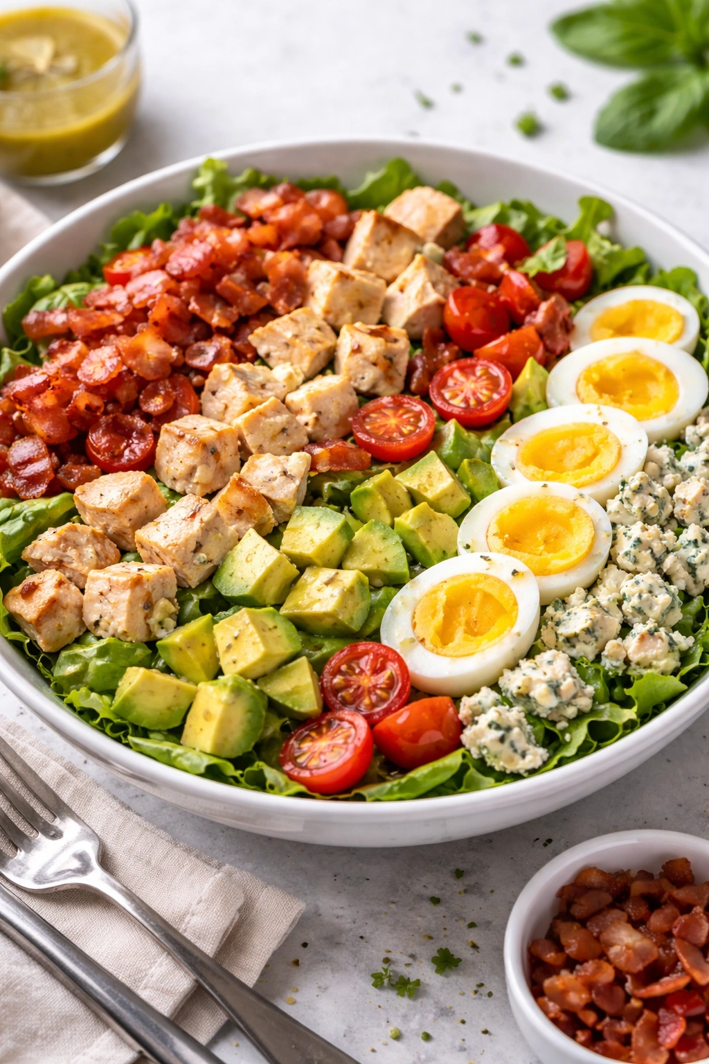 Cobb salad with bacon avocado eggs and blue cheese on plate