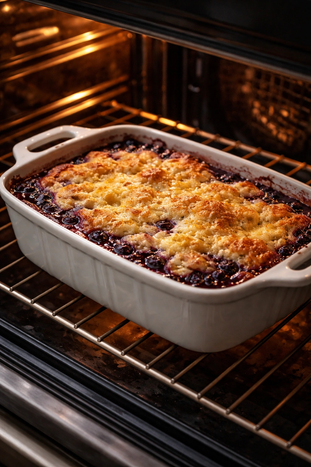 Cobbler baking in oven with golden top and bubbling edges