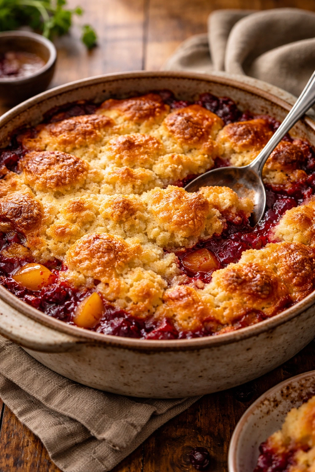 Cobbler in a round dish with a golden top and fruit juices on a wooden counter