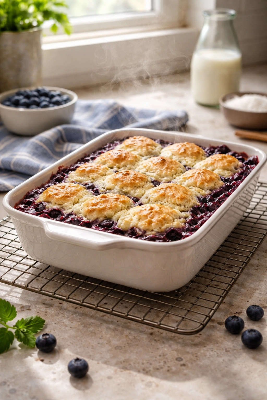 Hot cobbler resting on wire rack with steam