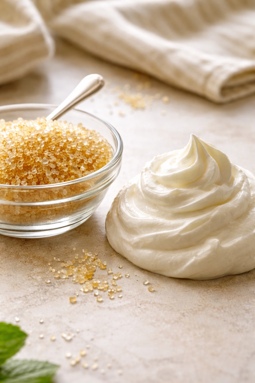 Close-up of coarse sugar and whipped cream for cobbler finishing