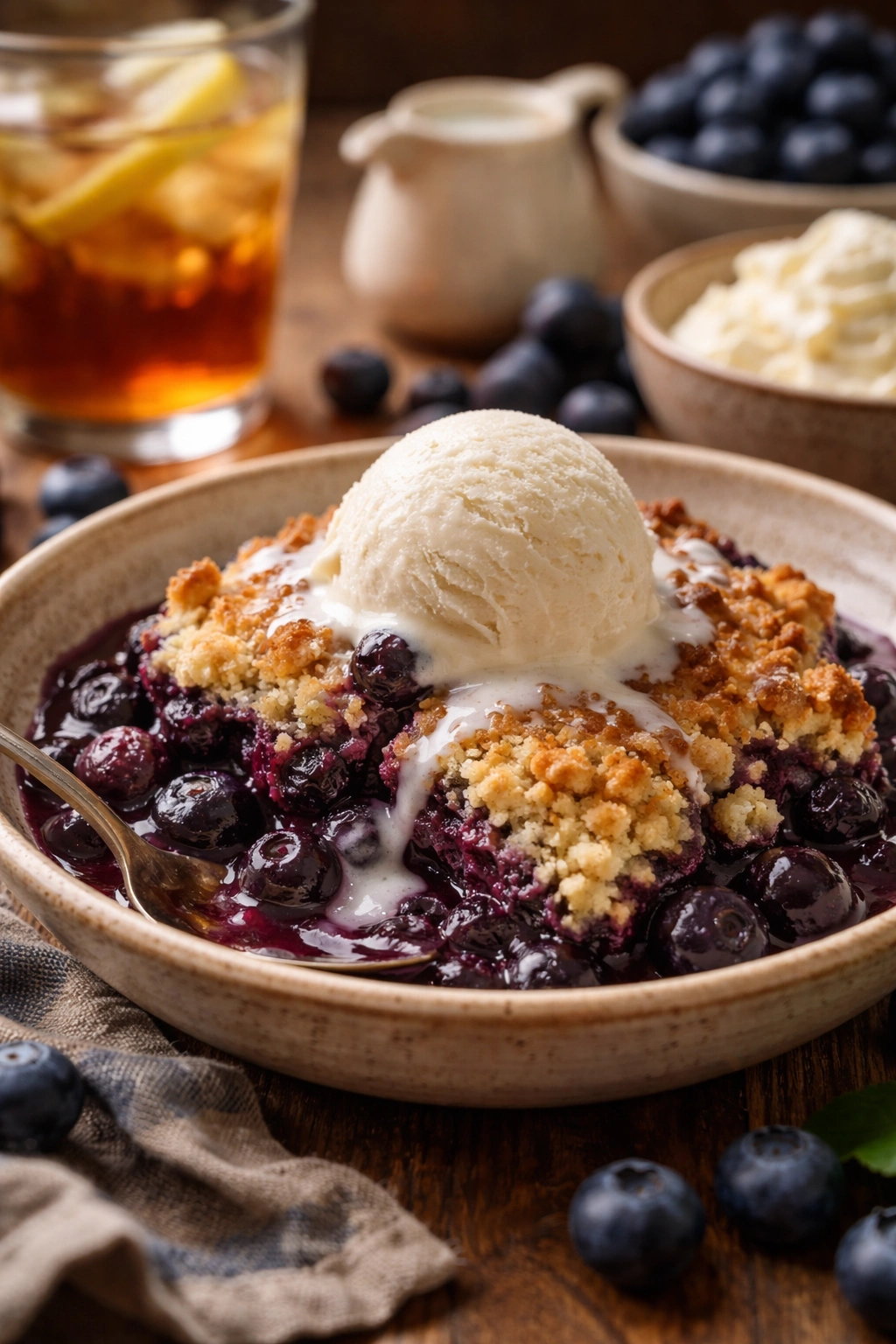 Cobbler with vanilla ice cream served warm on wooden table