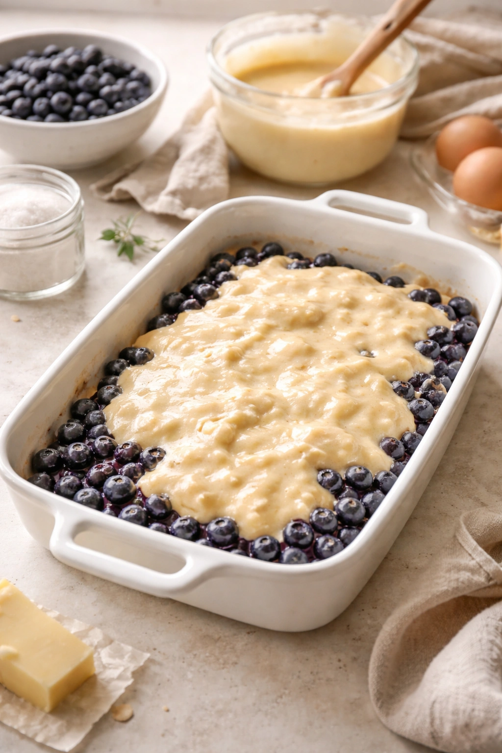 Berries at bottom with batter poured over in a baking dish