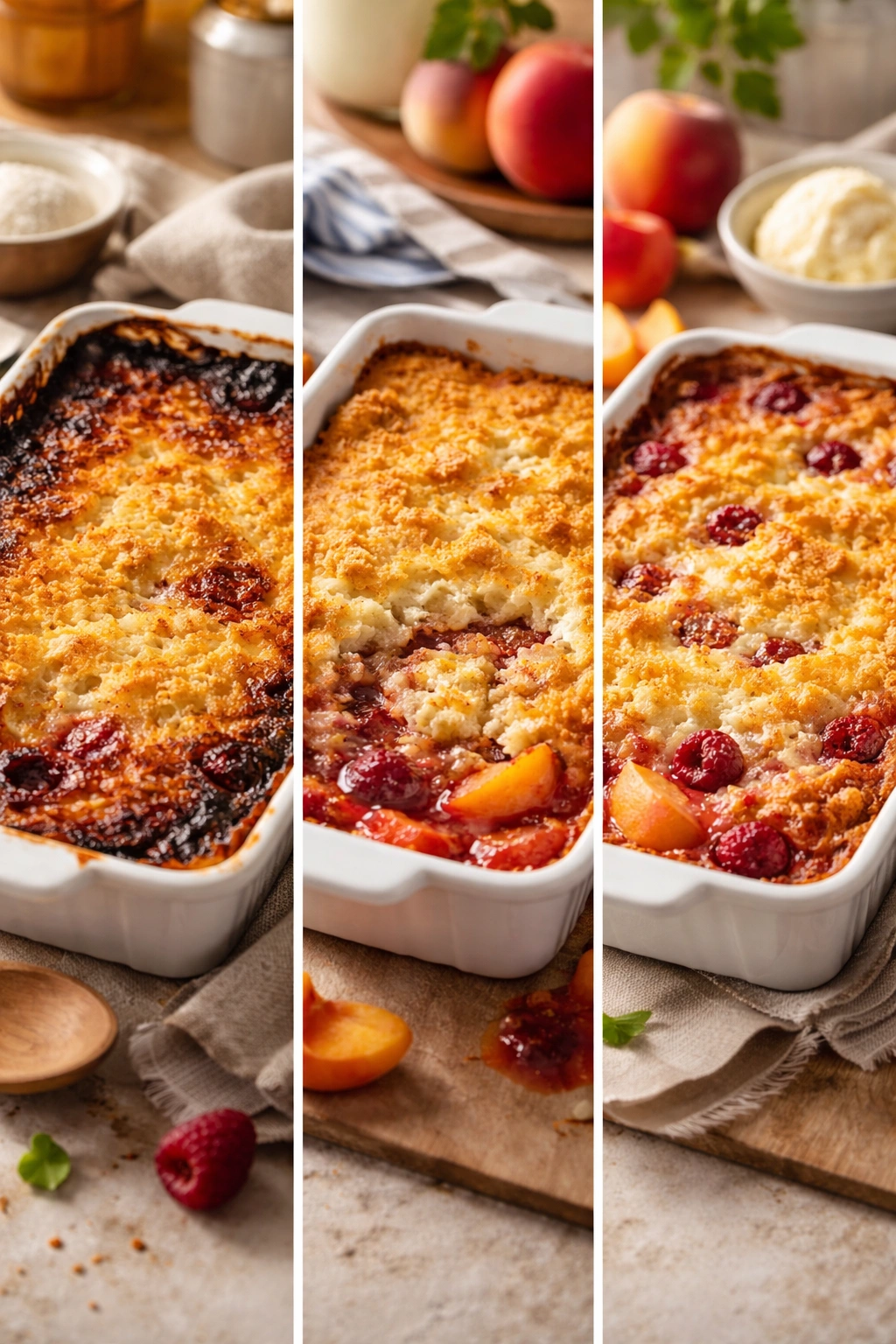 Triptych showing common cobbler mistakes and the corrected result