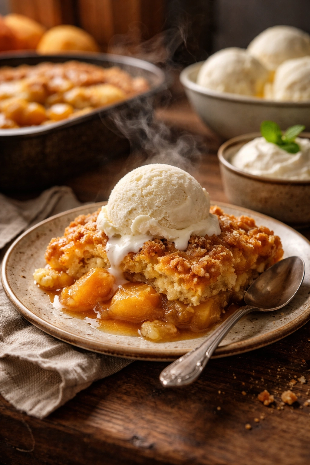 Warm cobbler slice with melting vanilla ice cream on a rustic plate
