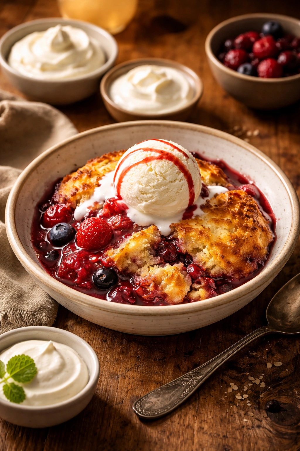 Cobbler served warm with vanilla ice cream in a bowl