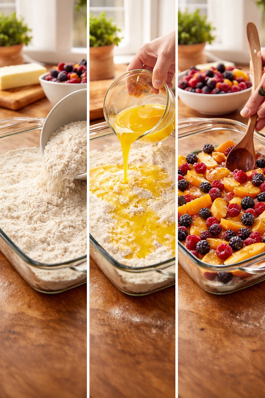 Triptych showing cobbler prep: dry mix, melted butter, and fruit spread in a greased pan