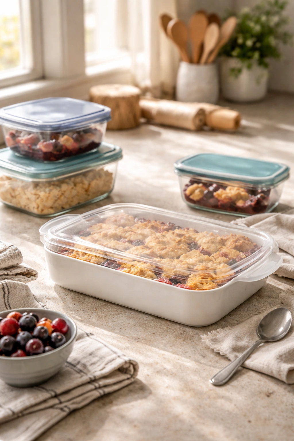 Covered baking dish on counter representing make-ahead cobbler storage