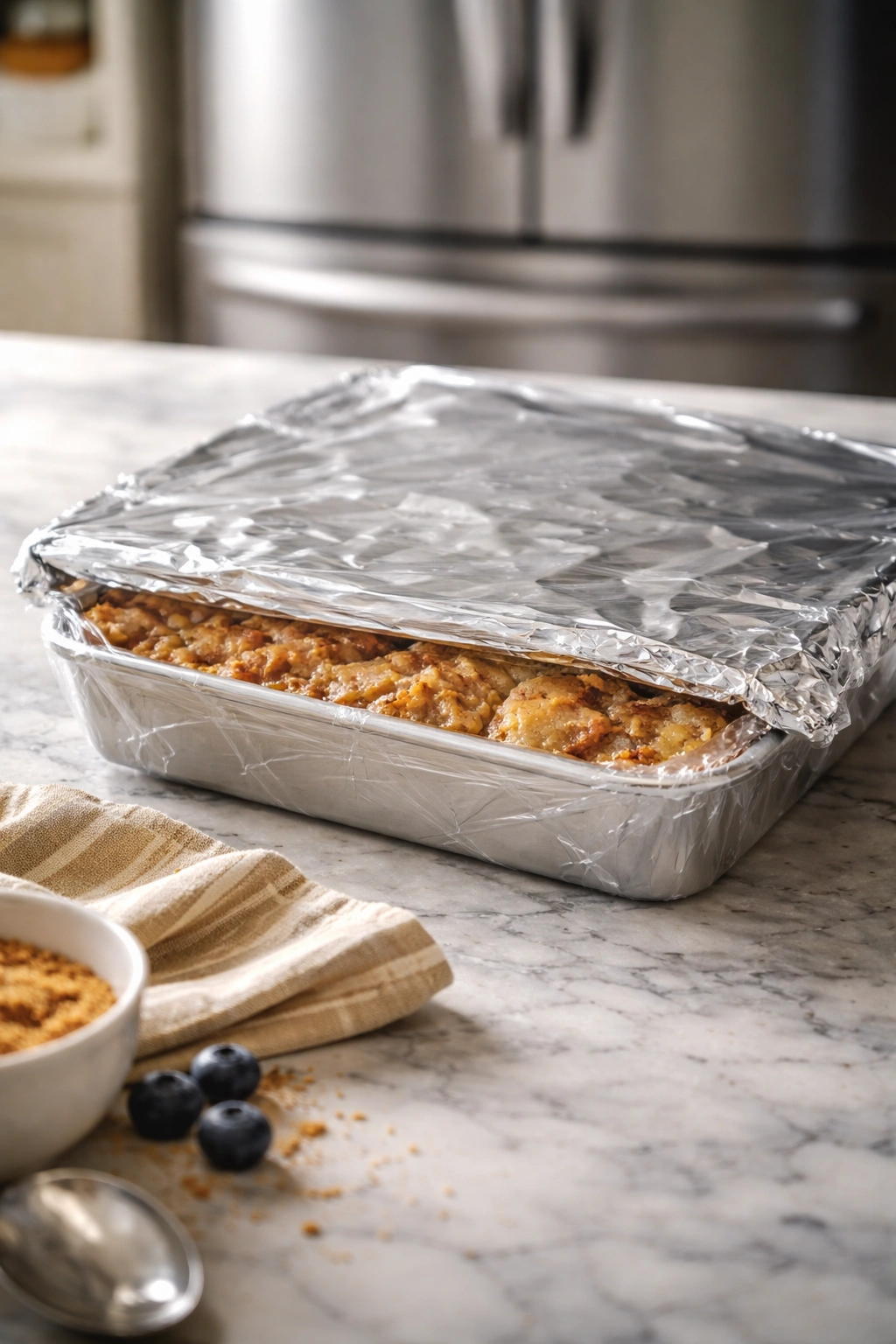 Cobber pan wrapped for storage on kitchen counter