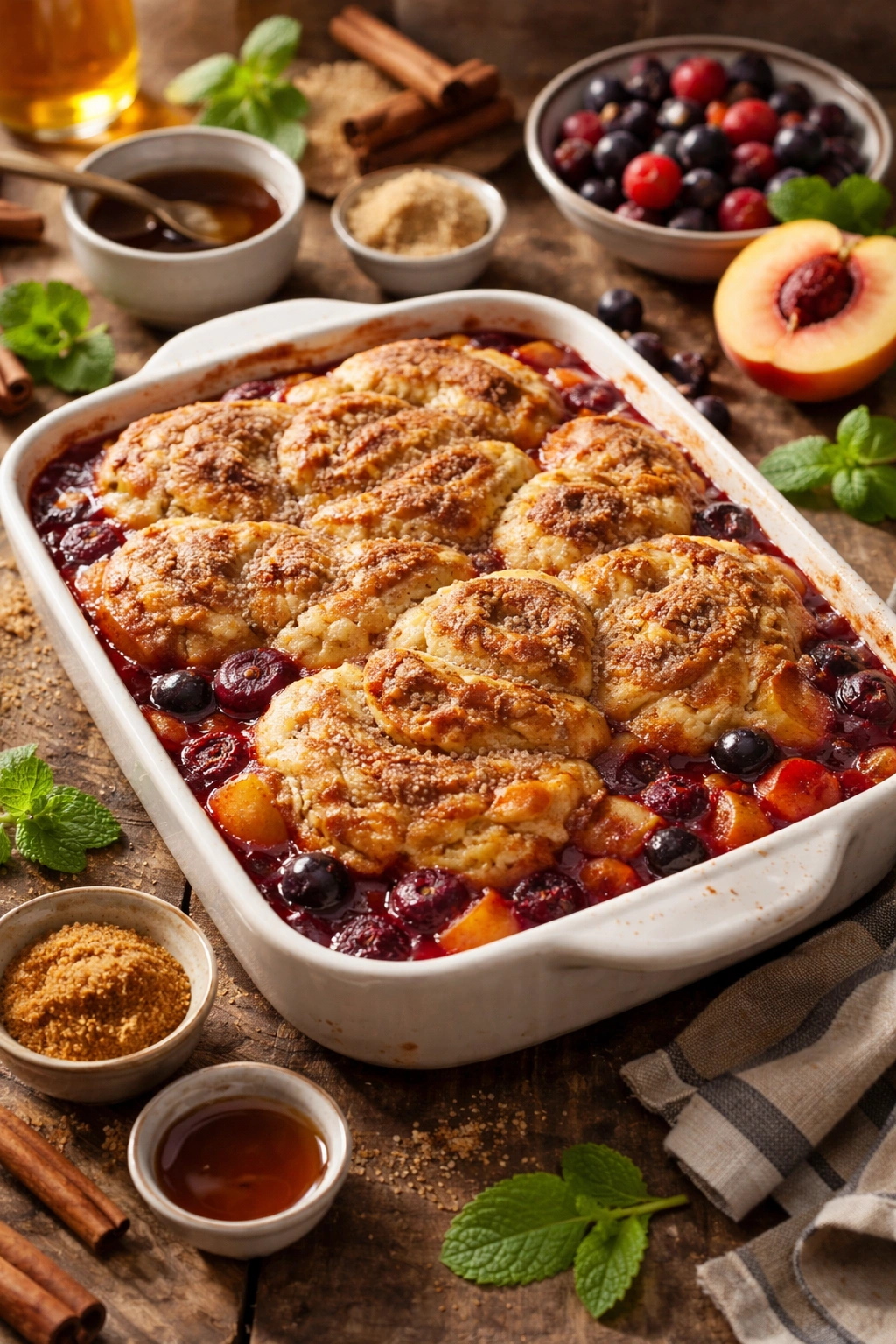 Cobbler with cinnamon swirl topping suggesting flavor variations
