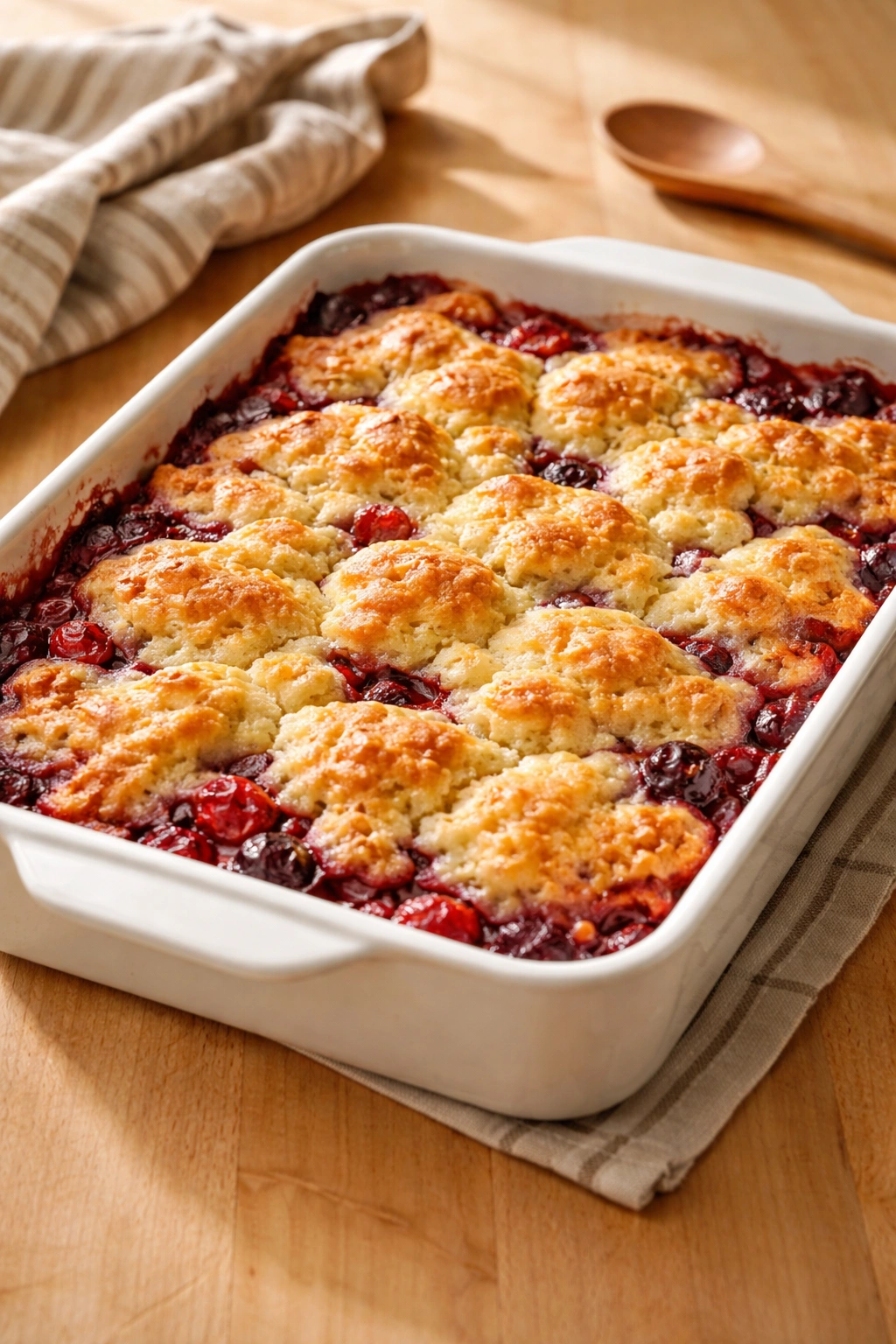 Baking dish with finished fruit cobbler ready to serve