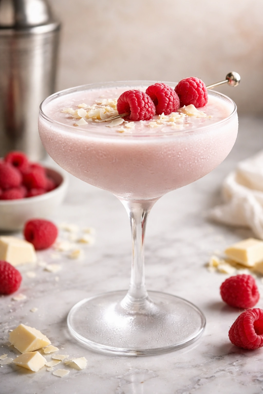 This Cocktail close-up of a pale white chocolate raspberry martini in a coupe glass