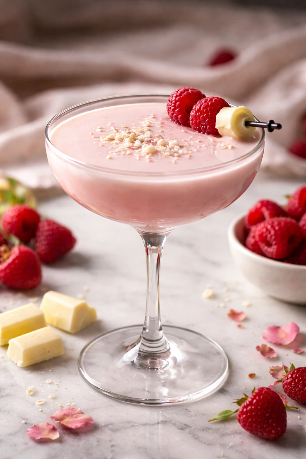 This Drink close-up of a white chocolate raspberry martini in a coupe glass