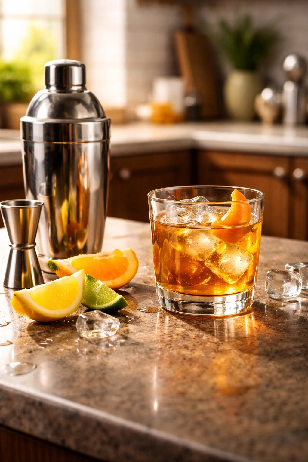 Balanced cocktail on bar counter with shaker, ice, and citrus wedges