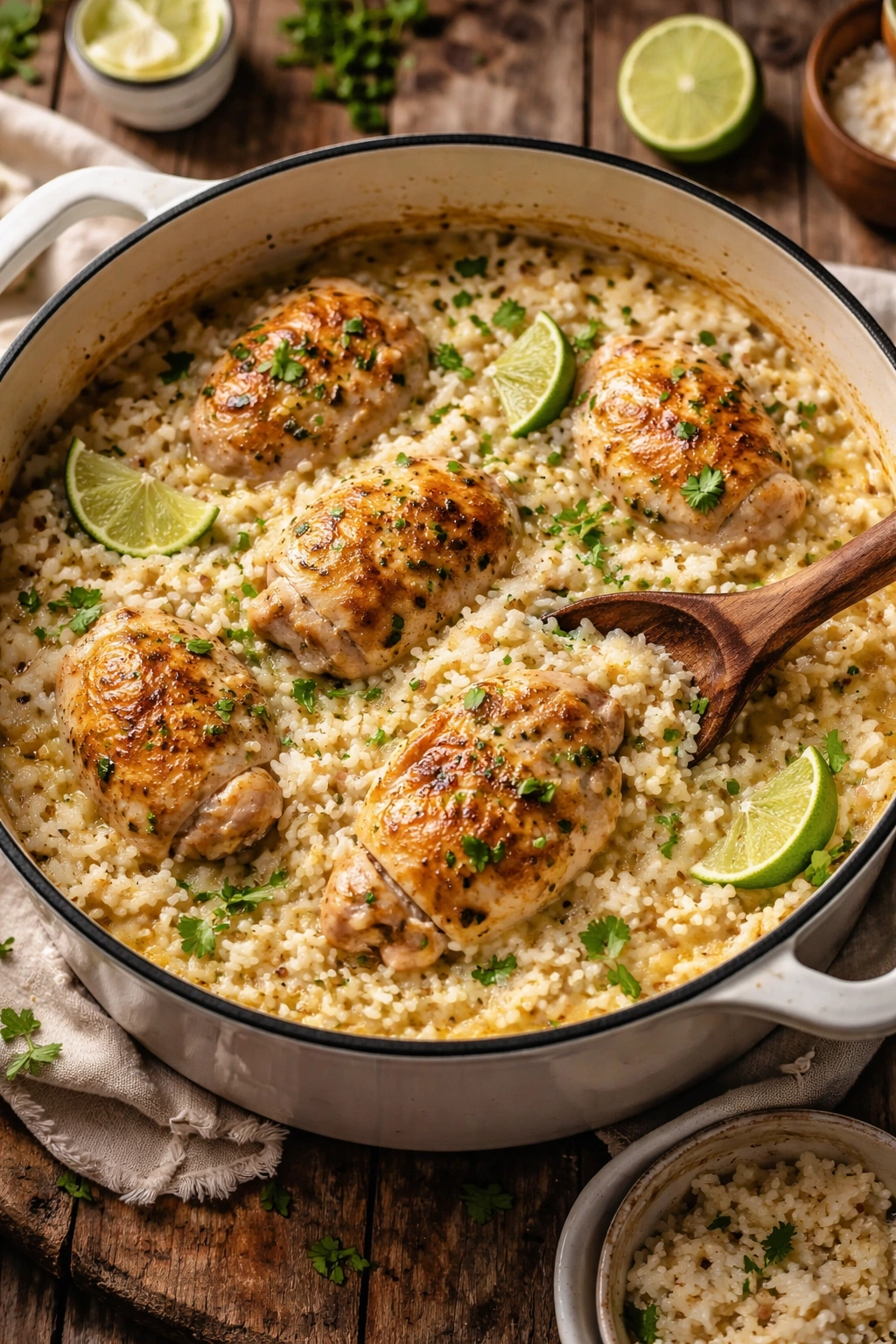 Creamy coconut chicken and rice in a single pot on the stovetop