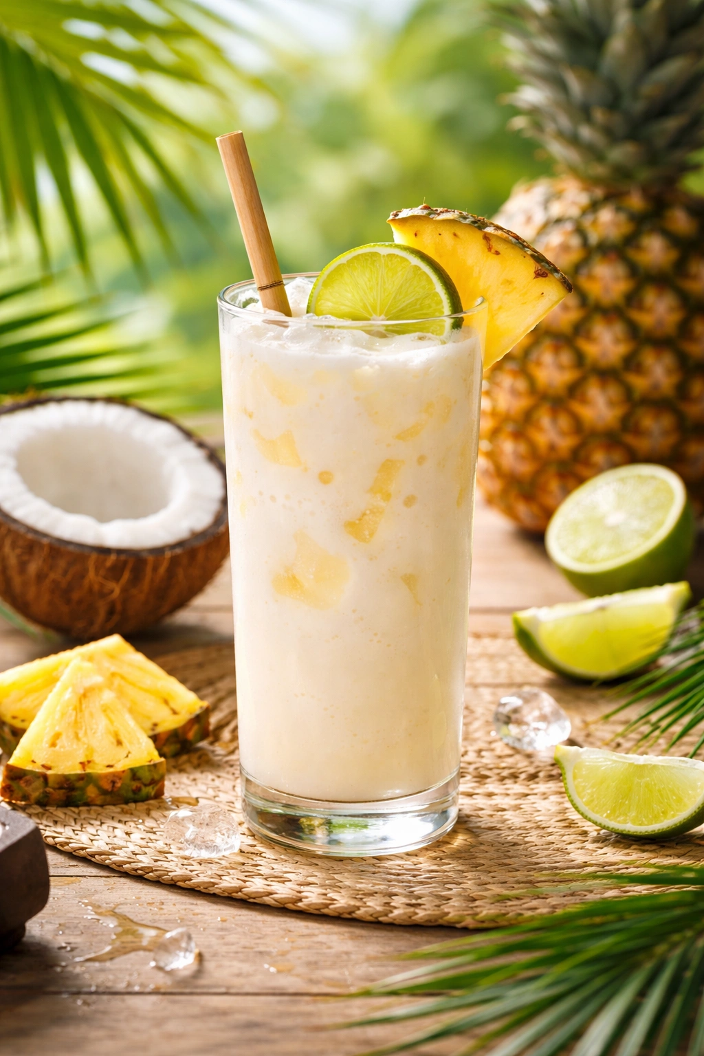 Creamy coconut cooler with pineapple and lime garnish in a tropical setting