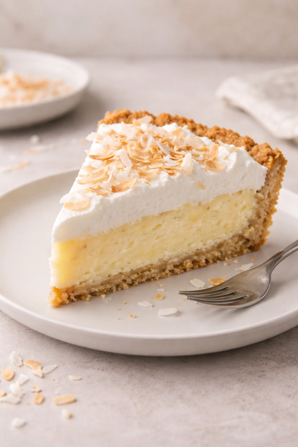 Slice of coconut cream pie on plate showing almond crust and coconut custard.