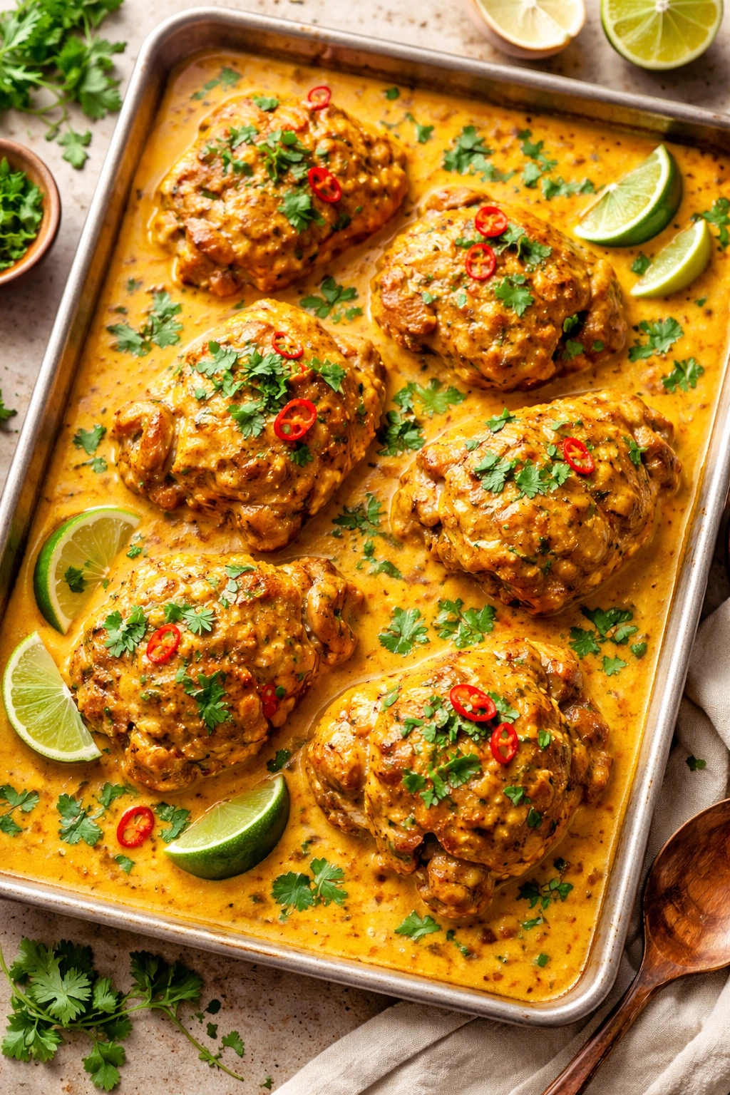 Creamy coconut curry chicken thighs on a sheet pan