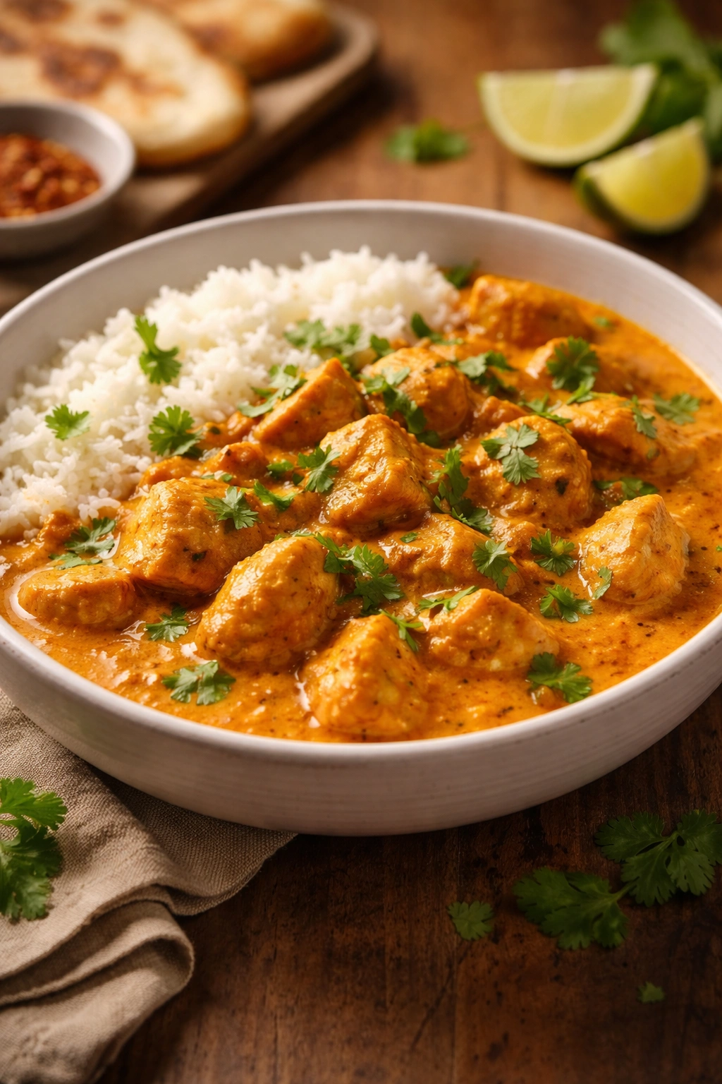 Close-up of coconut curry chicken in creamy sauce with tender pieces in a white bowl