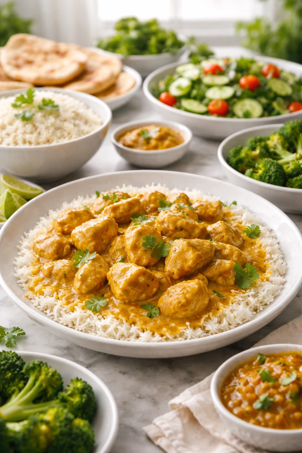 Close-up of coconut curry chicken plated with glossy sauce