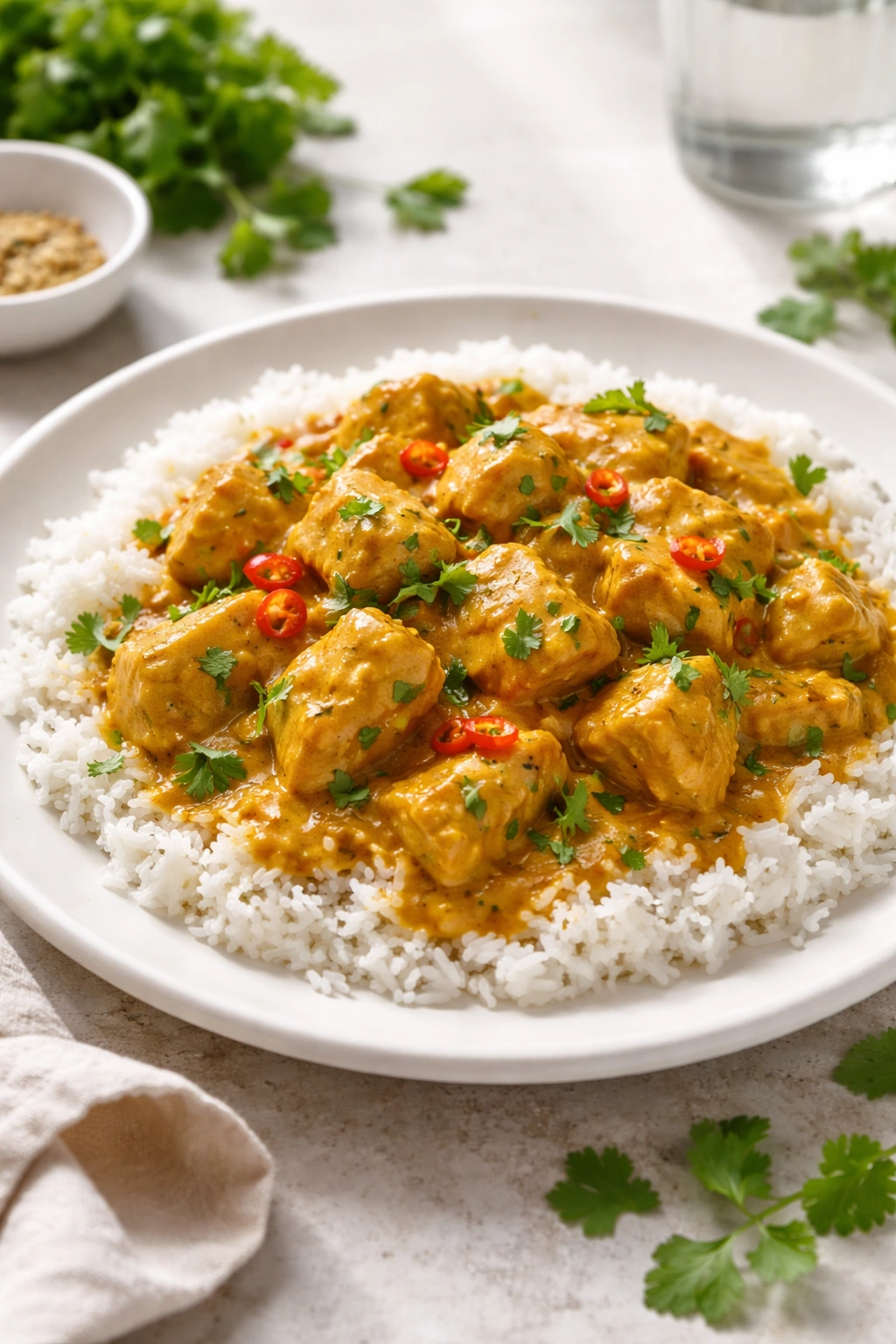 Plated coconut curry chicken with glossy sauce on a white plate